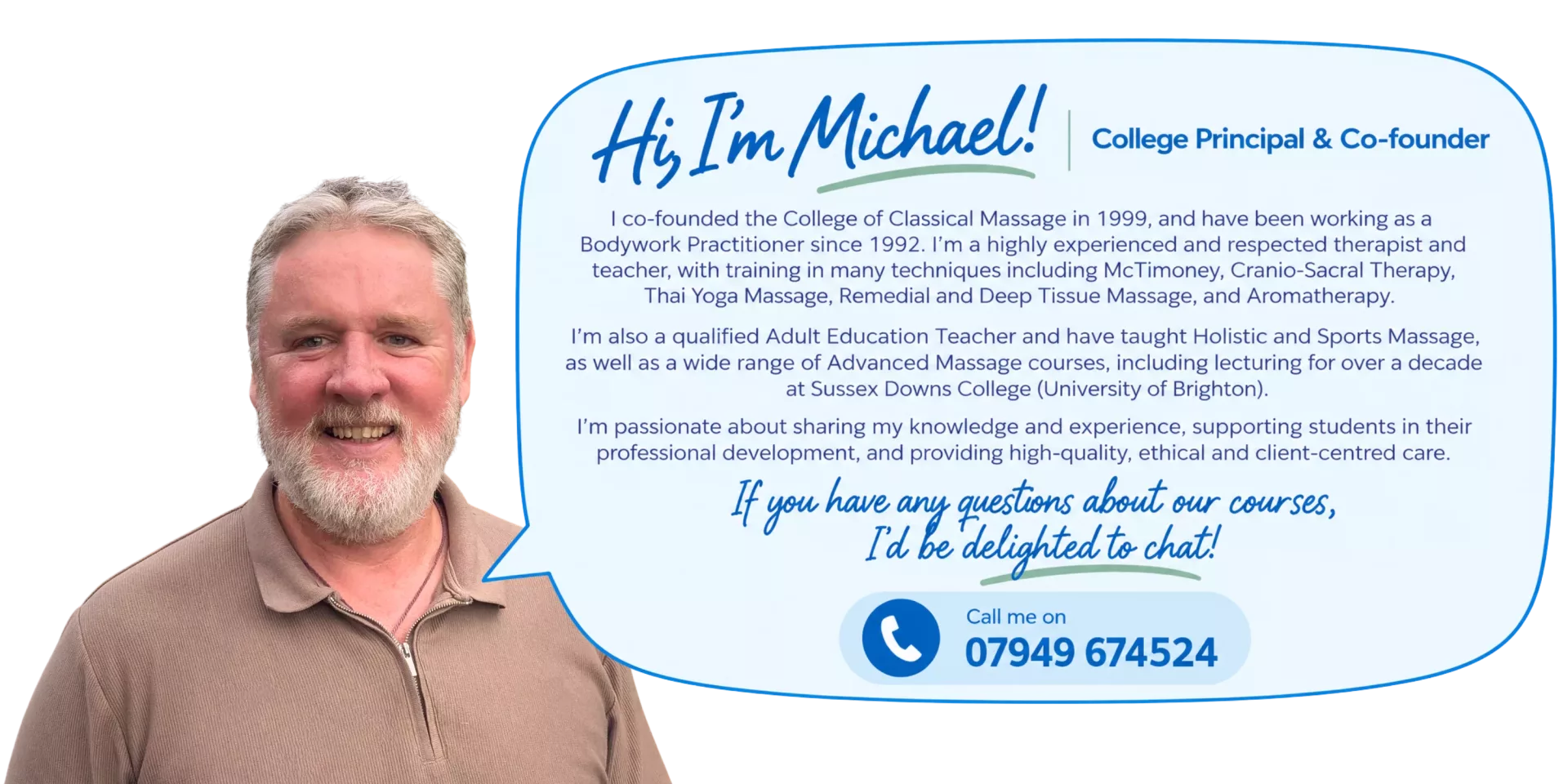 A photo of Michael, college principle and a speech bubble of him introducing himself.
